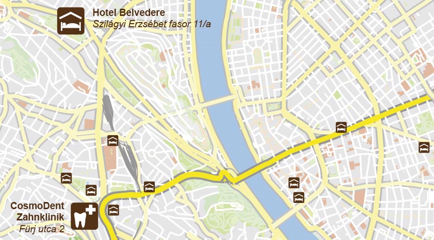 Karte: Entfernung Hotel Belvedere zur Zahnklinik CosmoDent in Budapest