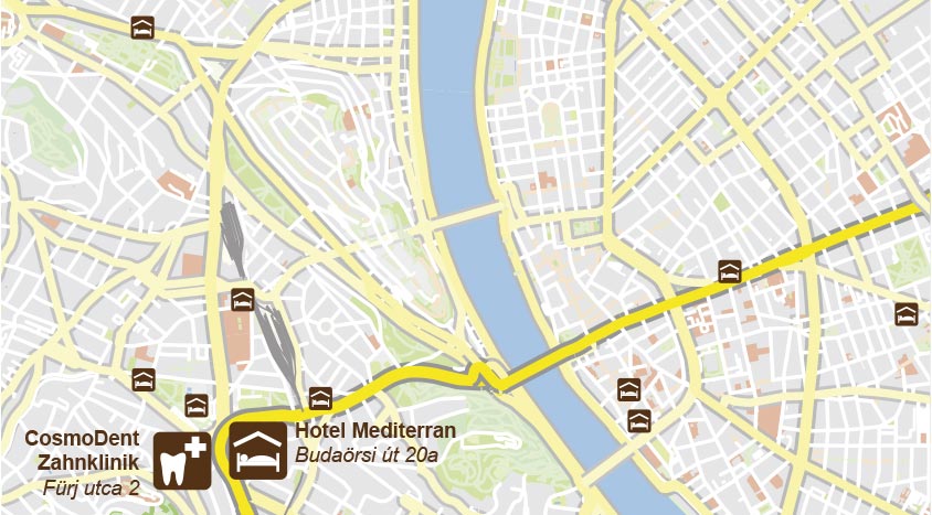 Karte: Entfernung Hotel Mediterrán zur Zahnklinik CosmoDent in Budapest